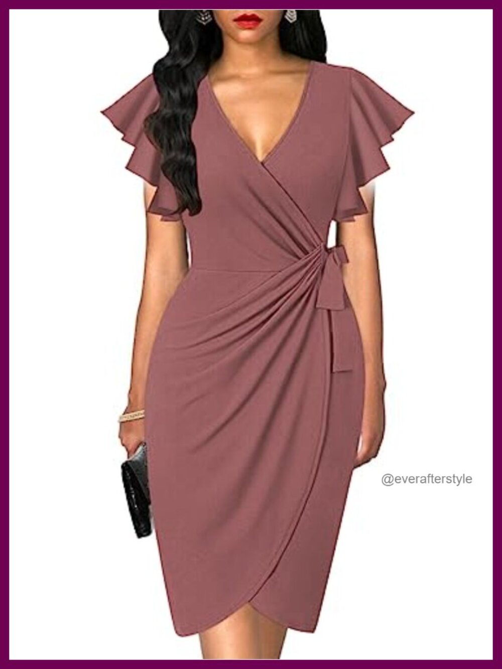 Womens Faux Wrap Dress Deep V Neck Ruffle Sleeve Cocktail Work
